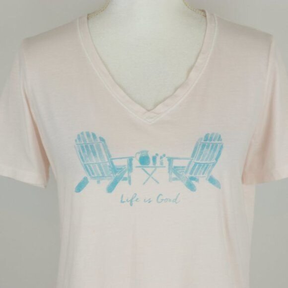 Life Is Good Women's Medium Pink Blue V-Neck Adirondack Graphic Short Sleeve Tee - Picture 2 of 7